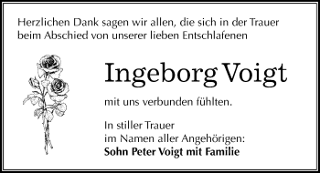 Traueranzeige von Ingeborg Voigt von Mitteldeutsche Zeitung Mansfelder Land