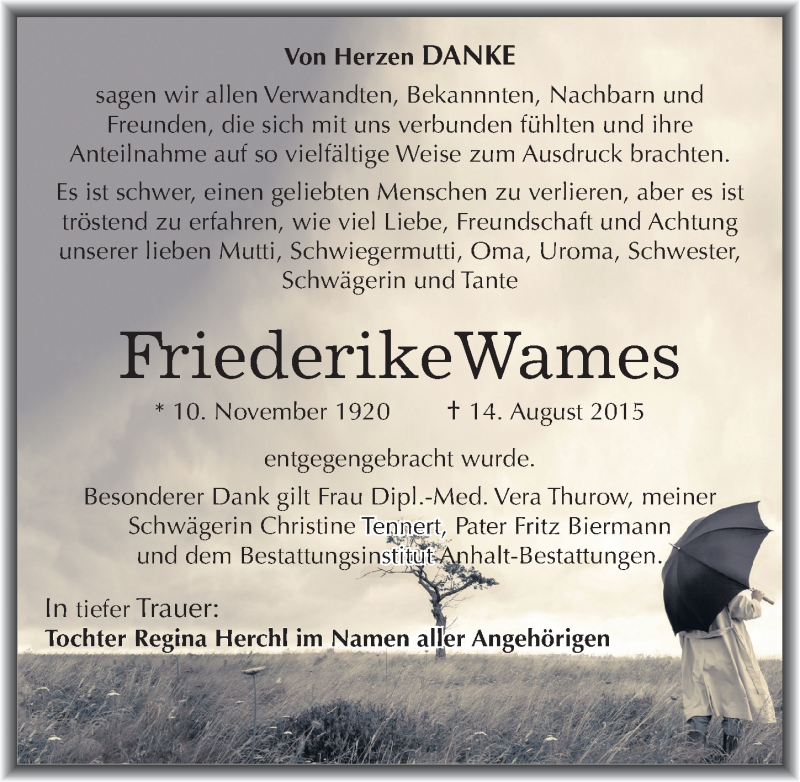  Traueranzeige für Friederike Wames vom 02.09.2015 aus Mitteldeutsche Zeitung Bitterfeld