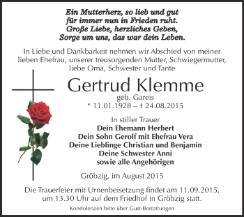 Traueranzeige von Gertrud Klemme von WVG - Wochenspiegel Dessau / Köthen