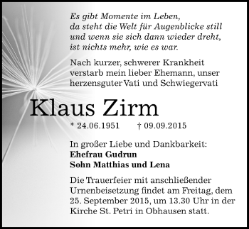 Traueranzeige von Klaus Zirm von Mitteldeutsche Zeitung Naumburg/Nebra