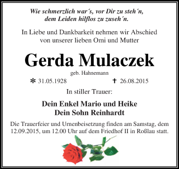 Traueranzeige von Gerda Mulaczek von WVG - Wochenspiegel Dessau / Köthen
