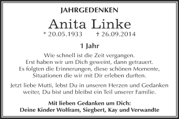 Traueranzeige von Anita Linke von Super Sonntag SGH Mansf. Land