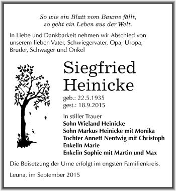 Traueranzeige von Siegfried Heinicke von Mitteldeutsche Zeitung Merseburg/Querfurt