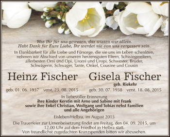 Traueranzeige von Heinz und Gisela Fischer von Wochenspiegel Mansfelder Land