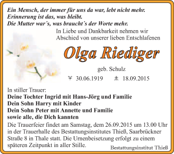Traueranzeige von Olga Riediger von Super Sonntag Quedlinburg
