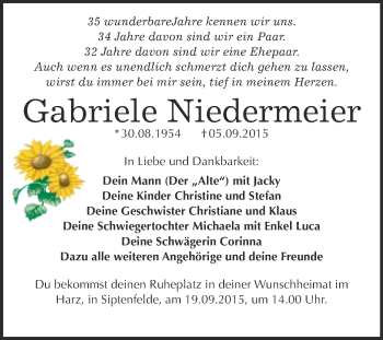 Traueranzeige von Gabriele Niedermeier von WVG - Wochenspiegel Quedlinburg