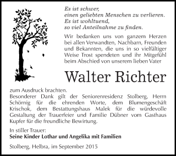 Traueranzeige von Walter Richter von WVG - Wochenspiegel Quedlinburg
