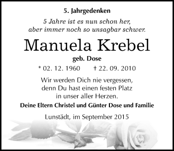 Traueranzeige von Manuela Krebel von Mitteldeutsche Zeitung Merseburg/Querfurt