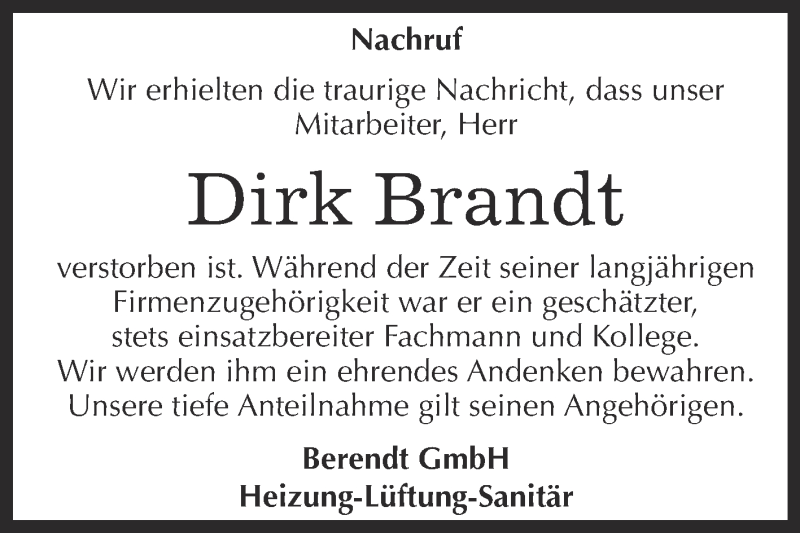  Traueranzeige für Dirk Brandt vom 26.09.2015 aus WVG - Wochenspiegel Dessau / Köthen