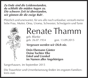 Traueranzeige von Renate Thamm von WVG - Wochenspiegel SGH