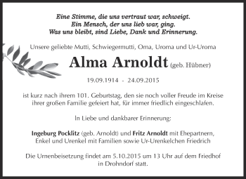 Traueranzeige von Alma Arnoldt von Super Sonntag Aschersleben