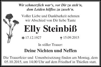Traueranzeige von Elly Steinbiß von WVG - Wochenspiegel Dessau / Köthen