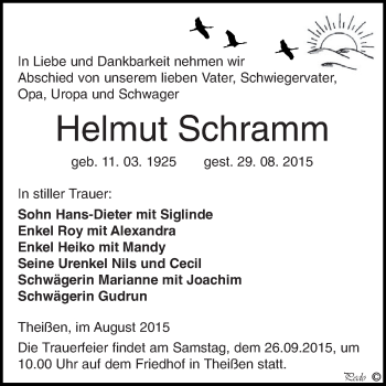 Traueranzeige von Helmut Schramm von Super Sonntag Zeitz