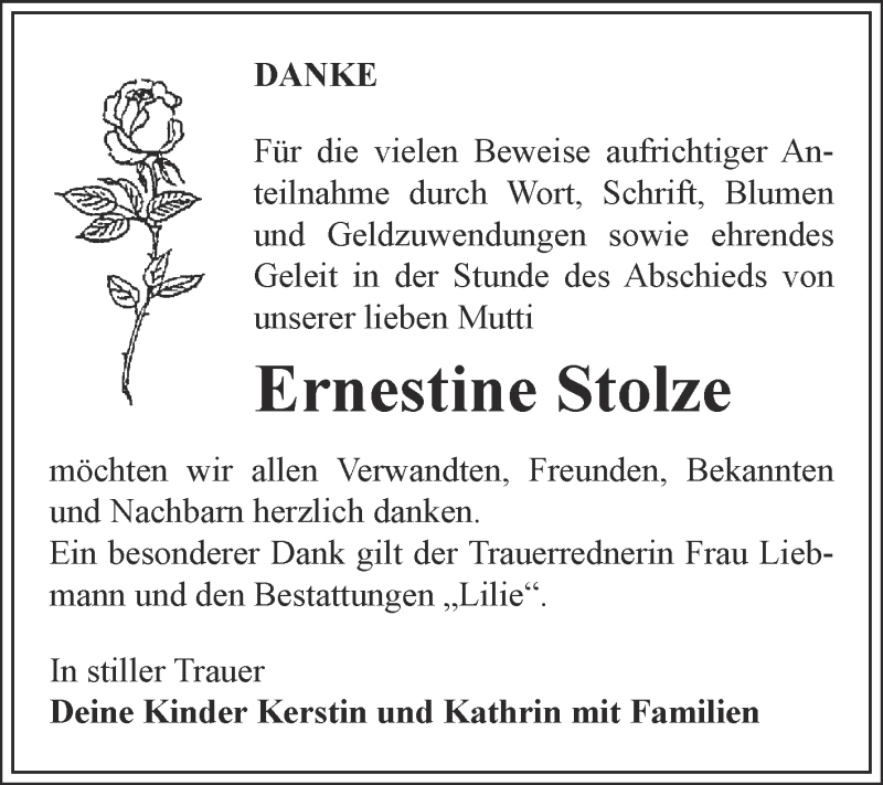  Traueranzeige für Ernestine Stolze vom 05.09.2015 aus WVG - Wochenspiegel Dessau / Köthen