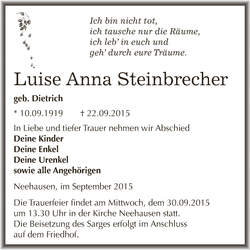  Traueranzeige für Luise Anna Steinbrecher vom 26.09.2015 aus Super Sonntag SGH Mansf. Land