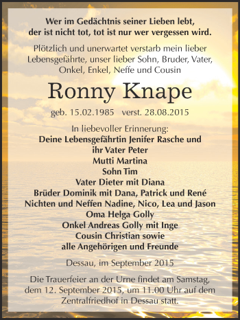 Traueranzeige von Ronny Knape von WVG - Wochenspiegel Dessau / Köthen