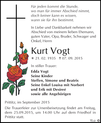 Traueranzeige von Kurt Vogt von WVG - Wochenspiegel NMB / WSF / ZTZ