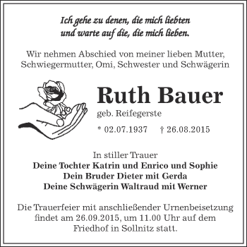 Traueranzeige von Ruth Bauer von WVG - Wochenspiegel Dessau / Köthen