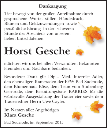 Traueranzeige von Horst Gesche von Mitteldeutsche Zeitung Quedlinburg