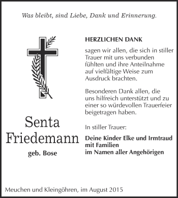 Traueranzeige von Senta Friedemann von Super Sonntag Merseburg