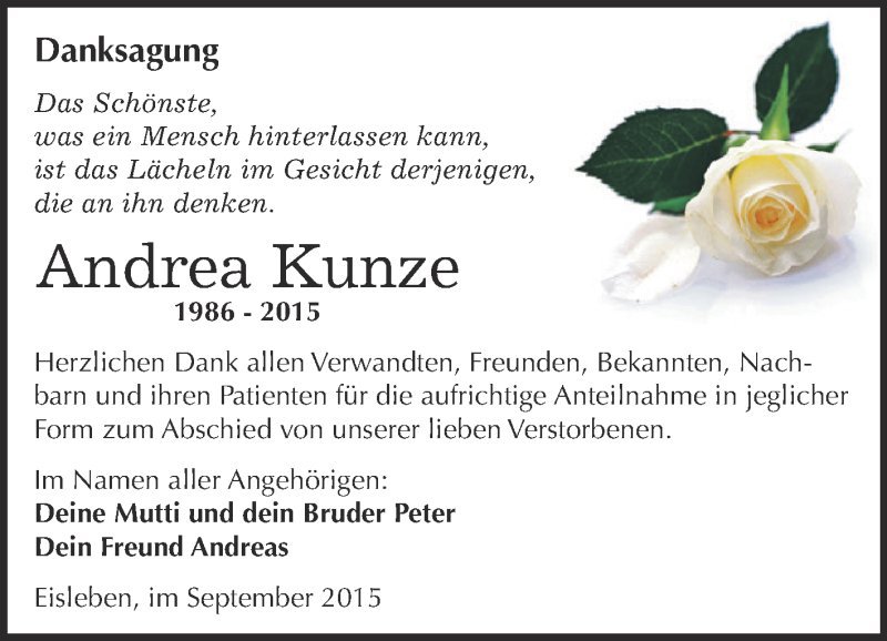  Traueranzeige für Andrea Kunze vom 16.09.2015 aus Wochenspiegel Mansfelder Land