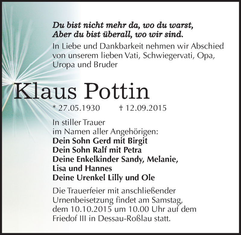  Traueranzeige für Klaus Pottin vom 23.09.2015 aus Mitteldeutsche Zeitung Dessau-Roßlau