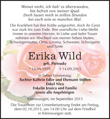 Traueranzeige von Erika Wild von Mitteldeutsche Zeitung Naumburg/Nebra