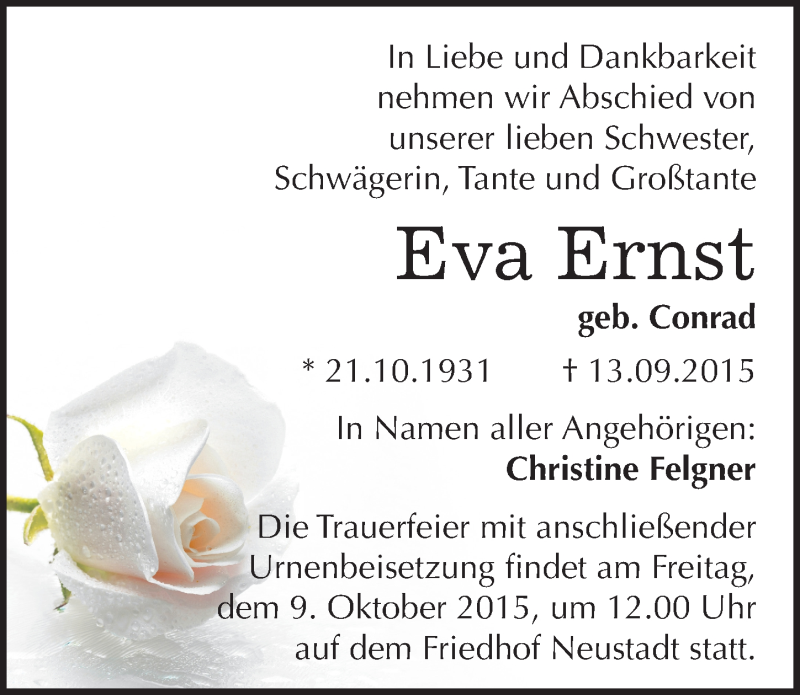  Traueranzeige für Eva Ernst vom 19.09.2015 aus Mitteldeutsche Zeitung Halle/Saalkreis