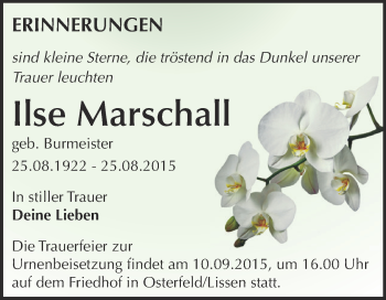 Traueranzeige von Ilse Marschall von Super Sonntag Zeitz