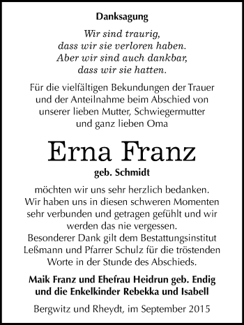 Traueranzeige von Erna Franz von WVG - Wochenspiegel Wittenberg