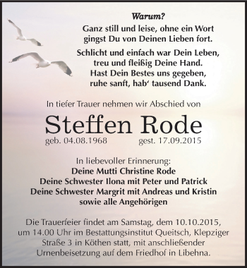 Traueranzeige von Steffen Rode von Mitteldeutsche Zeitung Köthen