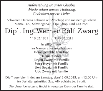 Traueranzeige von Werner Rolf Zwarg von WVG - Wochenspiegel Dessau / Köthen