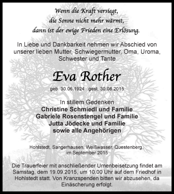 Traueranzeige von Eva Rother von Super Sonntag SGH Mansf. Land
