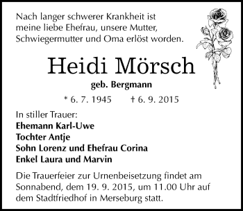 Traueranzeige von Heidi Mörsch von Mitteldeutsche Zeitung Merseburg/Querfurt