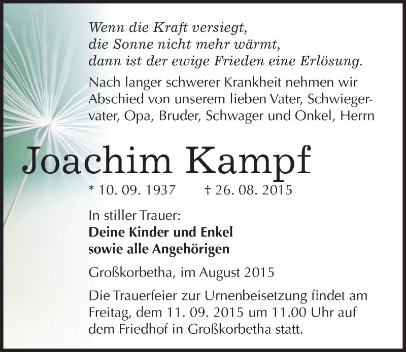  Traueranzeige für Joachim Kampf vom 05.09.2015 aus Mitteldeutsche Zeitung Weißenfels