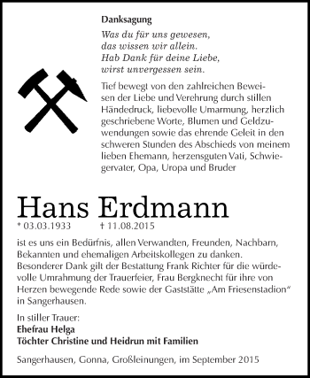 Traueranzeige von Hans Erdmann von Super Sonntag SGH Mansf. Land