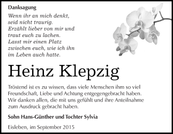Traueranzeige von Heinz Klepzig von Wochenspiegel Mansfelder Land