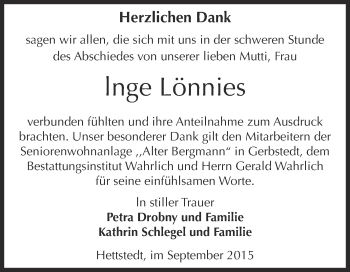 Traueranzeige von lnge Lönnies von Wochenspiegel Mansfelder Land
