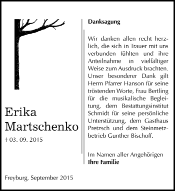 Traueranzeige von Erika Martschenko von Mitteldeutsche Zeitung Naumburg/Nebra