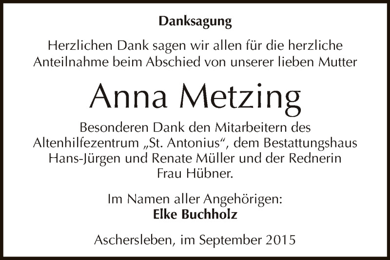  Traueranzeige für Anna Metzing vom 02.09.2015 aus Super Sonntag Aschersleben