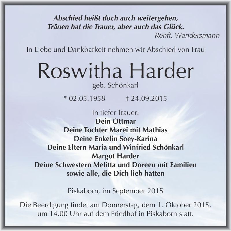  Traueranzeige für Roswitha Harder vom 26.09.2015 aus Super Sonntag SGH Mansf. Land