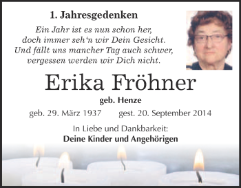 Traueranzeige von Erika Fröhner von Super Sonntag Wittenberg
