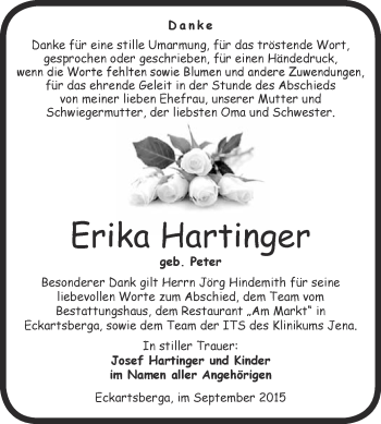 Traueranzeige von Erika Hartinger von WVG - Wochenspiegel NMB / WSF / ZTZ
