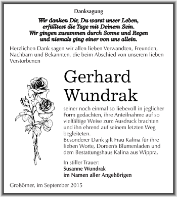 Traueranzeige von Gerhard Wundrak von Super Sonntag SGH Mansf. Land