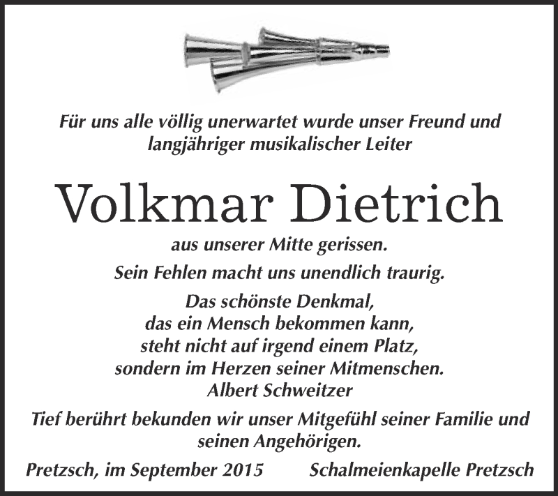  Traueranzeige für Volkmar Dietrich vom 16.09.2015 aus WVG - Wochenspiegel NMB / WSF / ZTZ