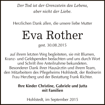 Traueranzeige von Eva Rother von Super Sonntag SGH Mansf. Land