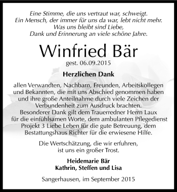 Traueranzeige von Winfried Bär von Mitteldeutsche Zeitung Sangerhausen