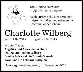 Traueranzeige von Charlotte Wilberg von Mitteldeutsche Zeitung Mansfelder Land