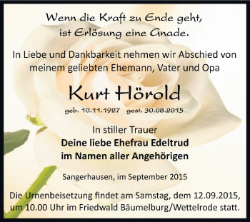 Traueranzeige von Kurt Hörold von Super Sonntag SGH Mansf. Land