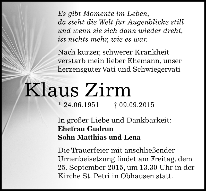  Traueranzeige für Klaus Zirm vom 19.09.2015 aus Mitteldeutsche Zeitung Naumburg/Nebra